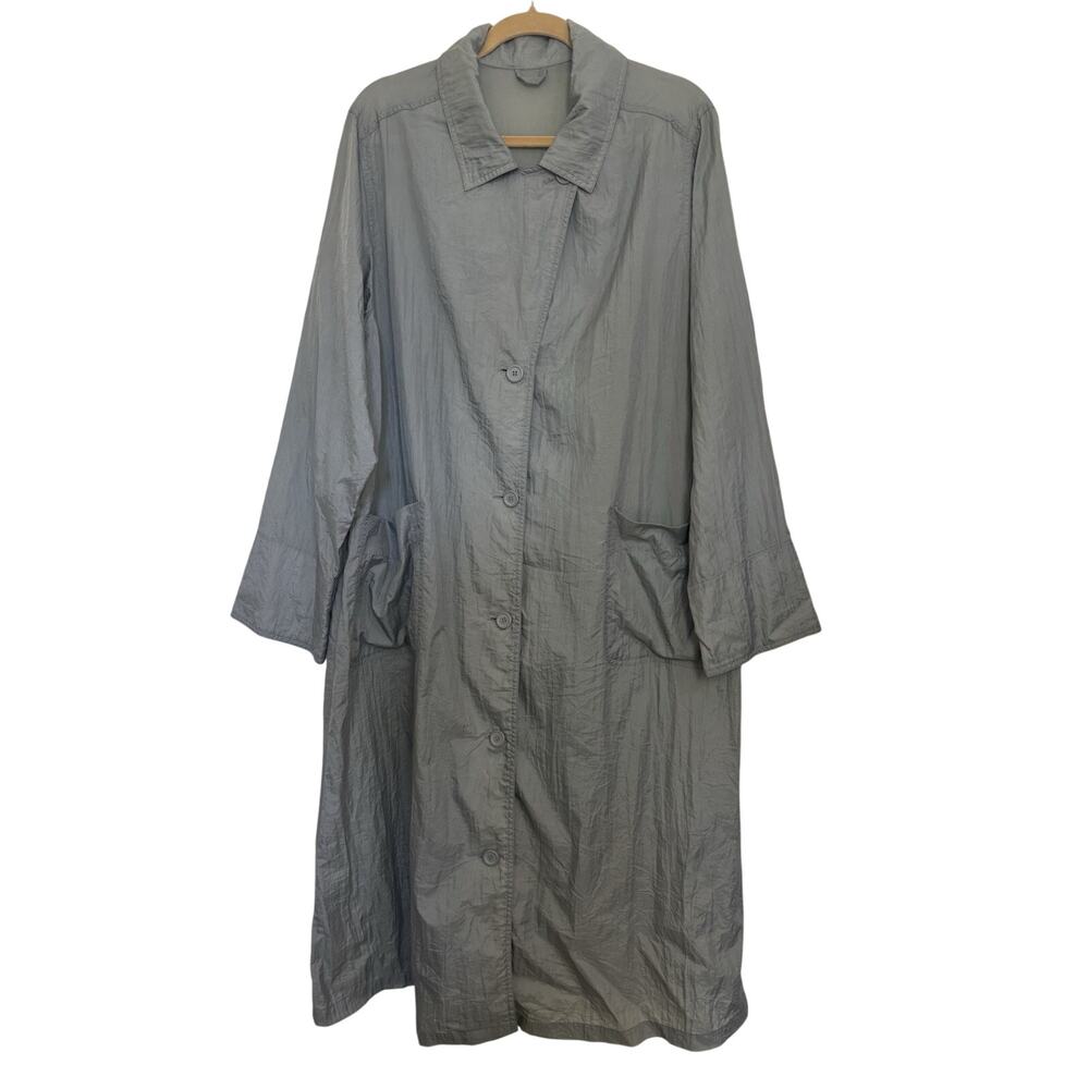 Vtg 90s Grey Nylon Duster Coat Women’s Oversized M Dolman Sleeve Pockets